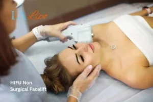 Woman having Hi-Fu to reduce wrinkles Stockport.