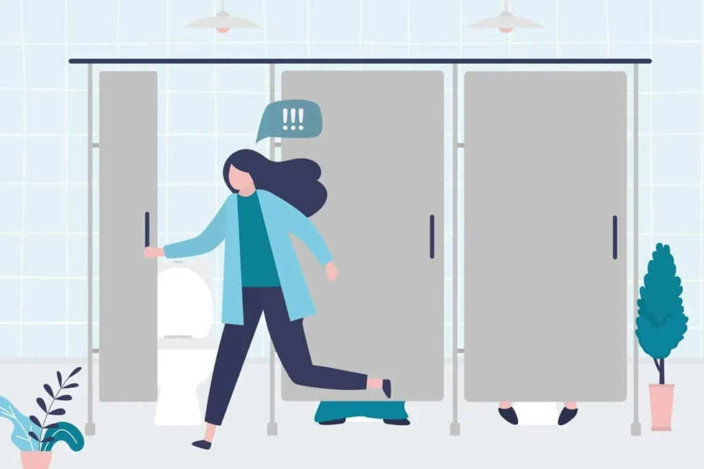 graphic of Urine incontinence Stockport woman running to the toilet.