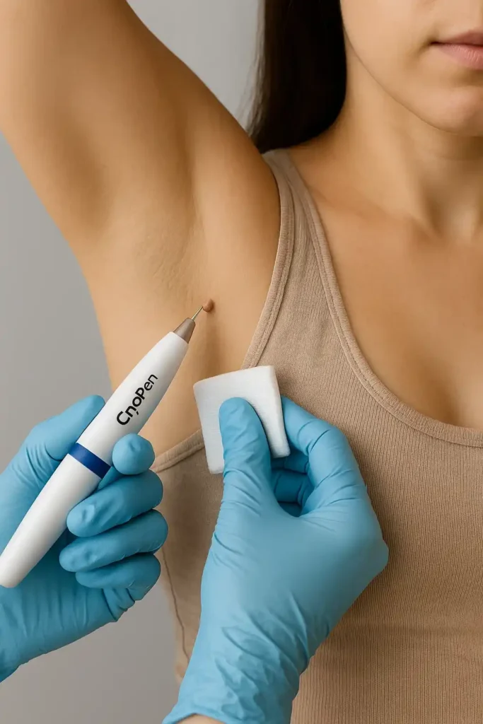 woman having cryopen to remove underarm skin tags Stockport