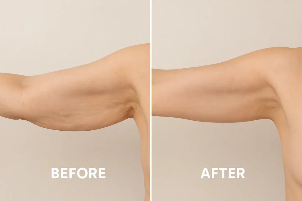 Picture of LA LIPO Stockport before and after results of skin tightening treatment on the upper arms.