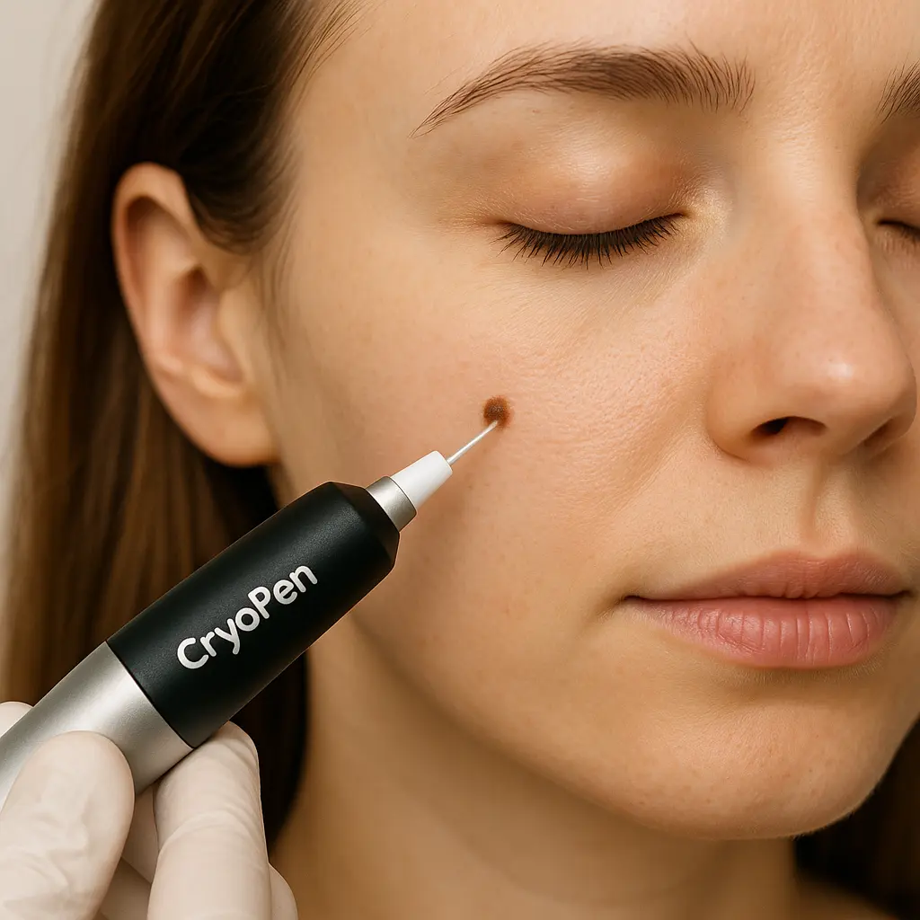 woman receiving facial mole removal Stockport using cryopen 