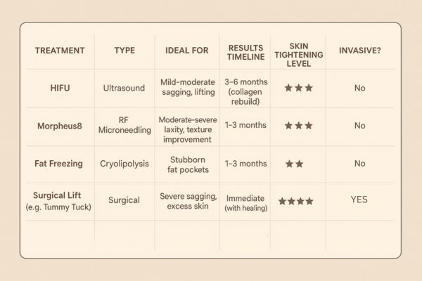 Table showing the comparisons of Skin tightening Stockport treatment options. 